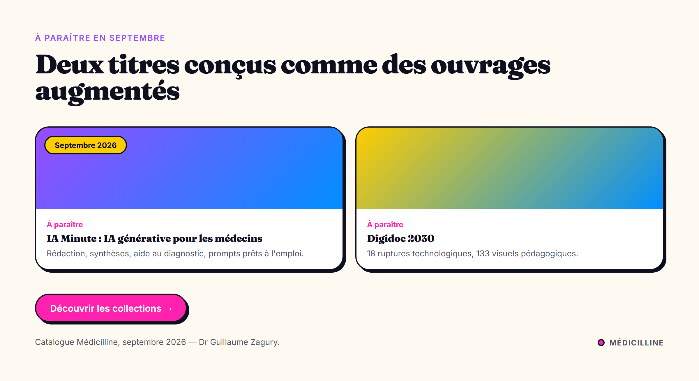 Deux cartes de livres : IA Minute, IA générative pour les médecins, et Digidoc 2030, à paraître en septembre 2026